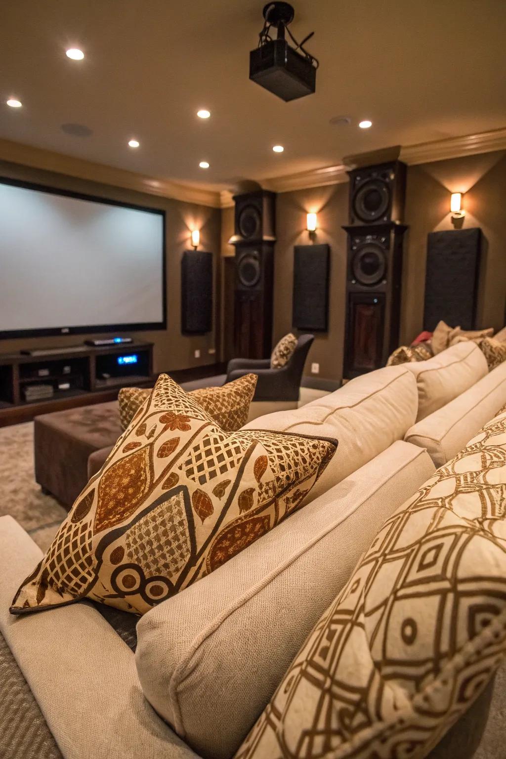 Decorative pillows enhancing both comfort and aesthetics in this theater.