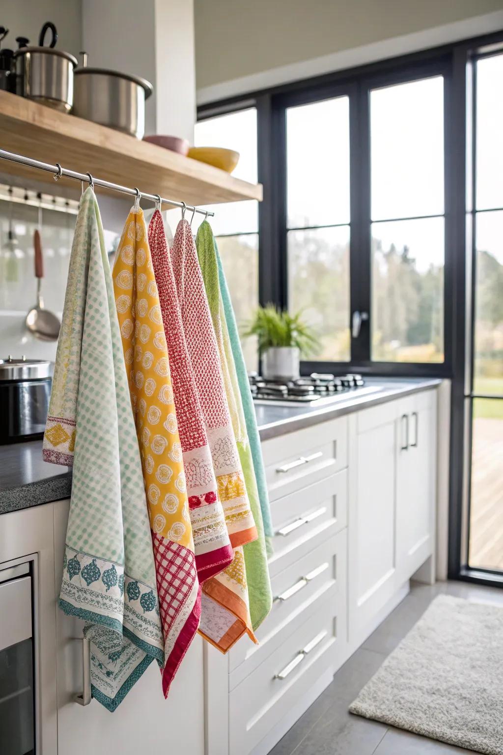 Appealing kitchen cloths contribute a splash of color and practicality.