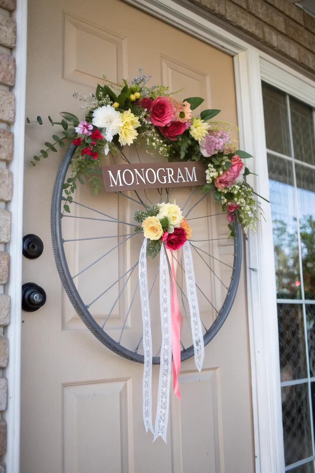 A monogrammed bicycle wheel wreath with initials for a personal touch.