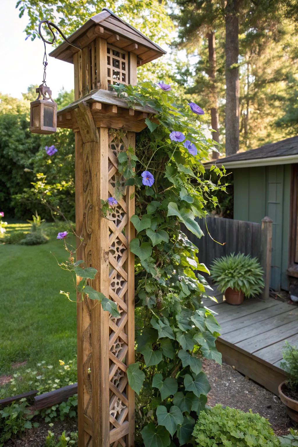Elevate your garden's charm through a trellis pole, uniting nature and artisanship.