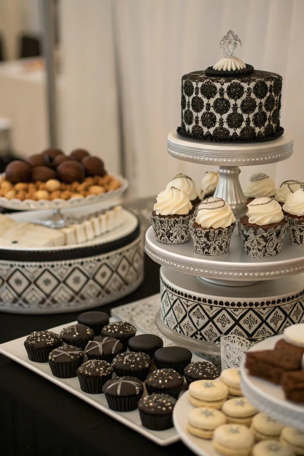 An innovative sweet table with slate and chrome treats.