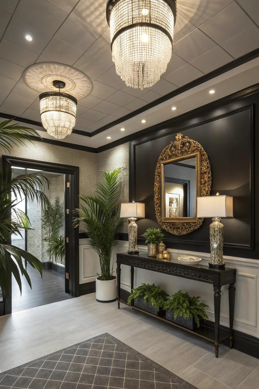 A grand entryway design where a black ceiling makes a bold statement.