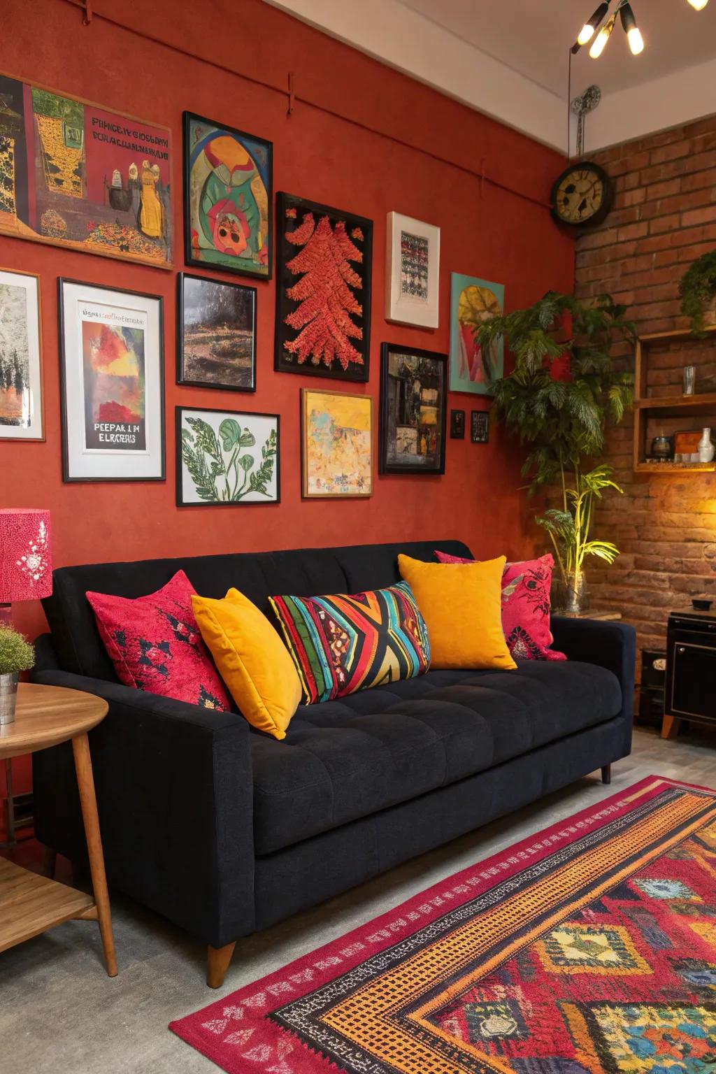 A black couch enlivened with a splash of color.