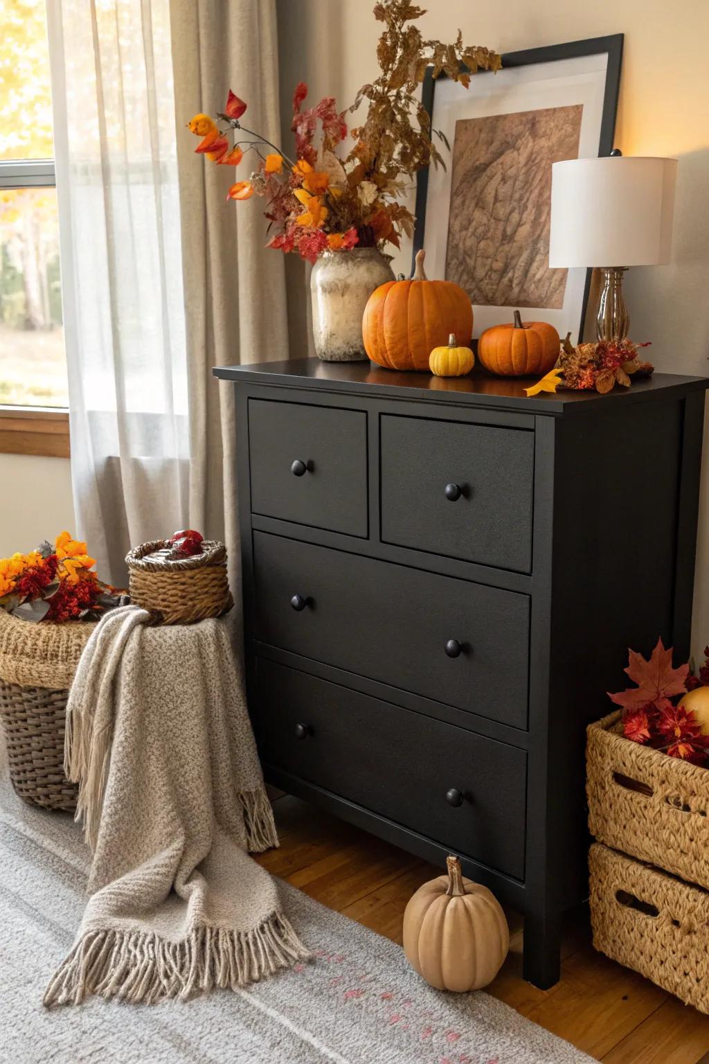 A dark stained dresser adorned with seasonal decor for a fresh look.