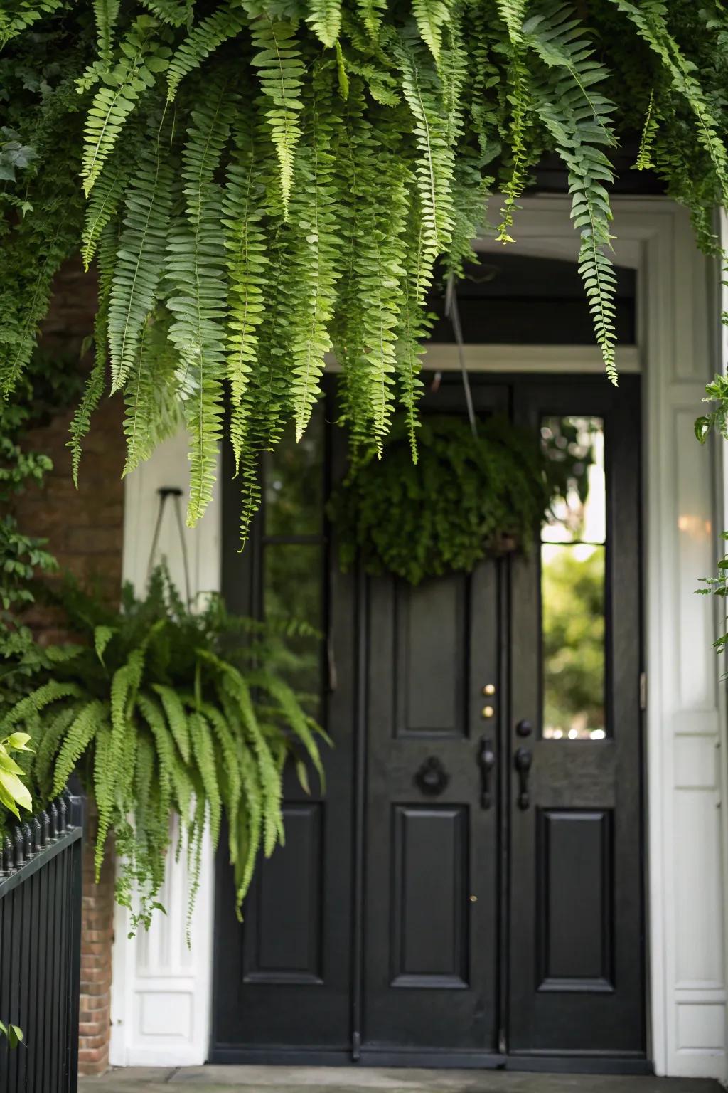 Lush hanging ferns bringing nature's charm to a dark-toned entrance.
