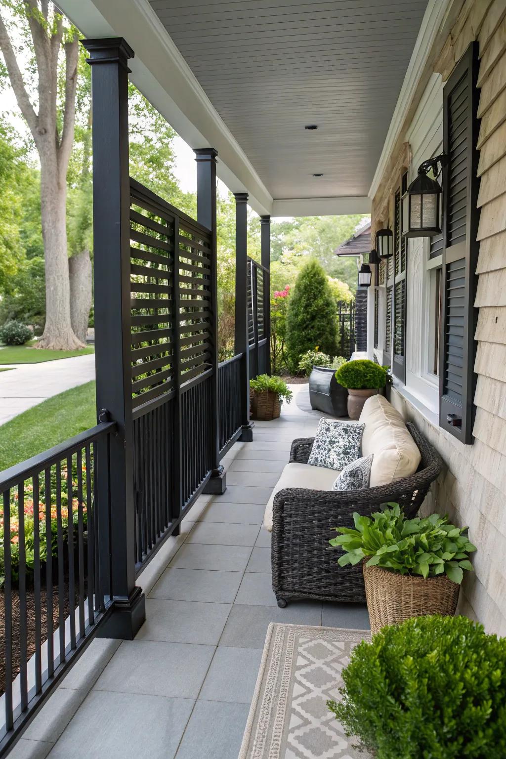Screens fit well with stylish porch railings.