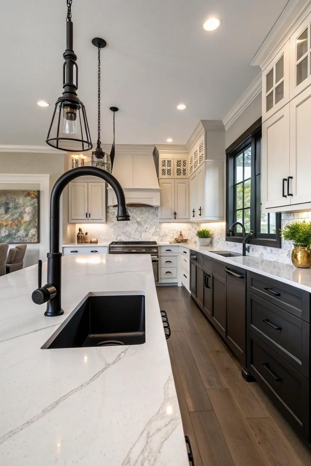 Architectural symmetry enhances the elegance of this kitchen with a dark toned faucet.