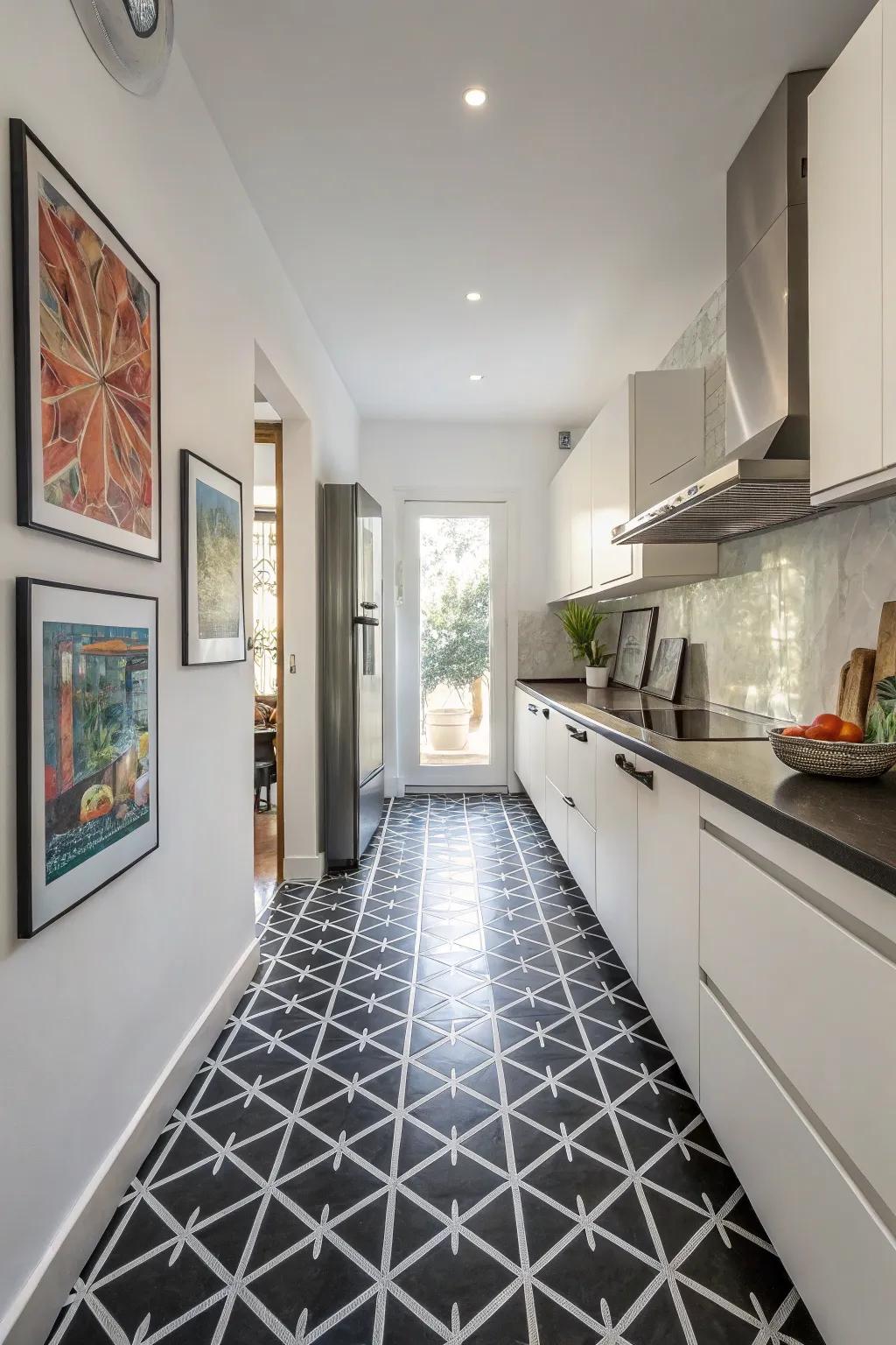 A kitchen with shapes on black floor tiles.