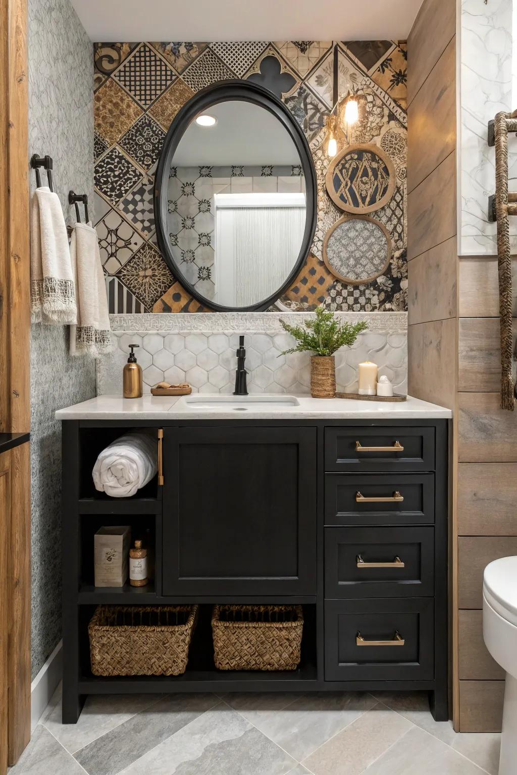 An eclectic mix of textures around a dark vanity adds dimension and intrigue.