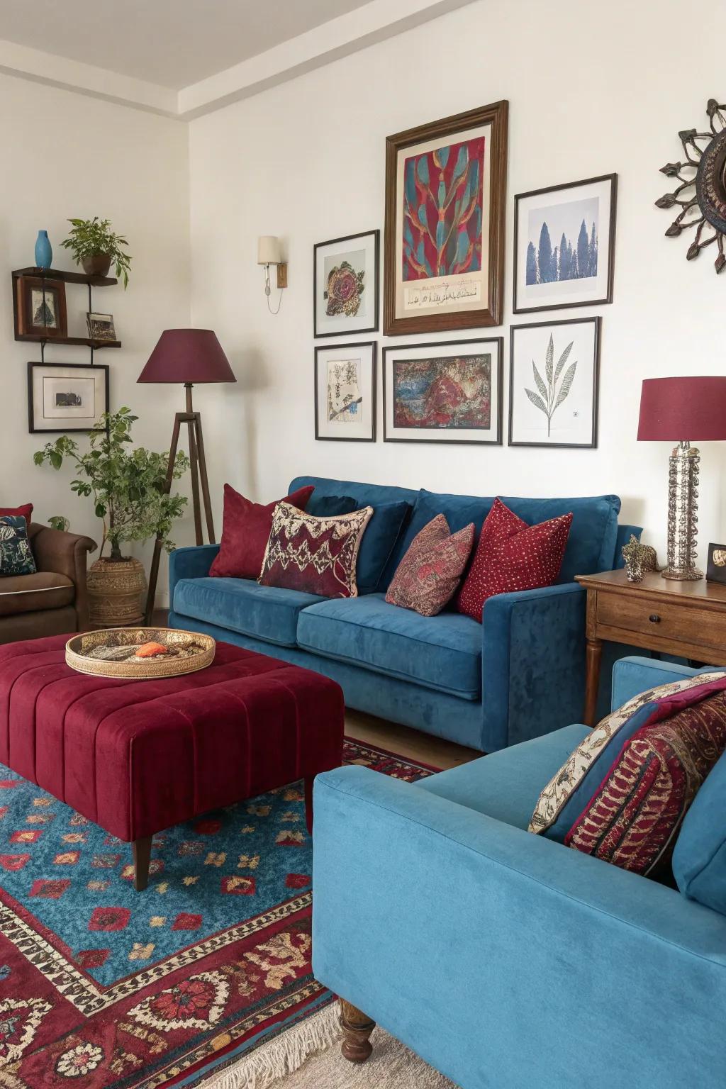 Surprising bursts of sapphire and wine inject personality and vibrancy.