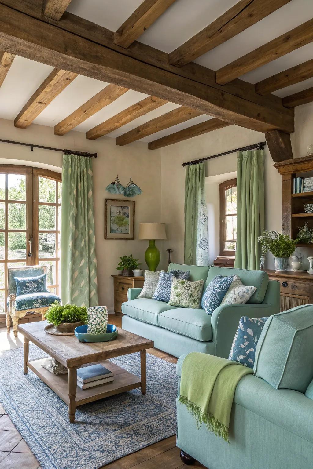 Rustic elements meet elegance in blue and green.