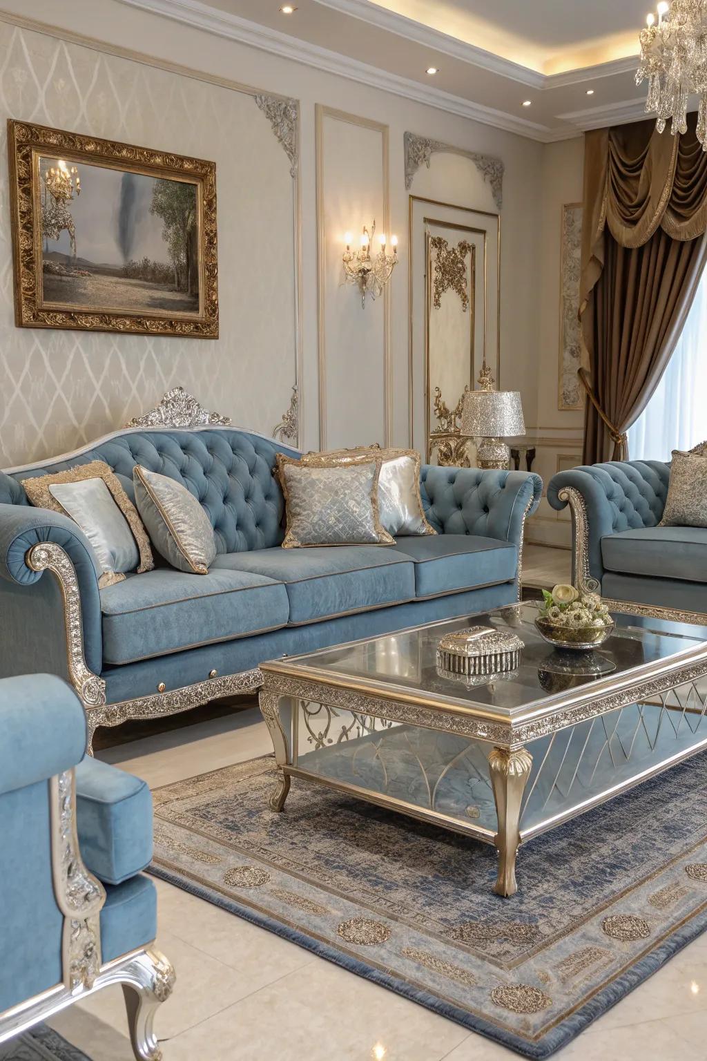 Indigo furniture with silver detailing enhances the aesthetic of this luxurious living room.