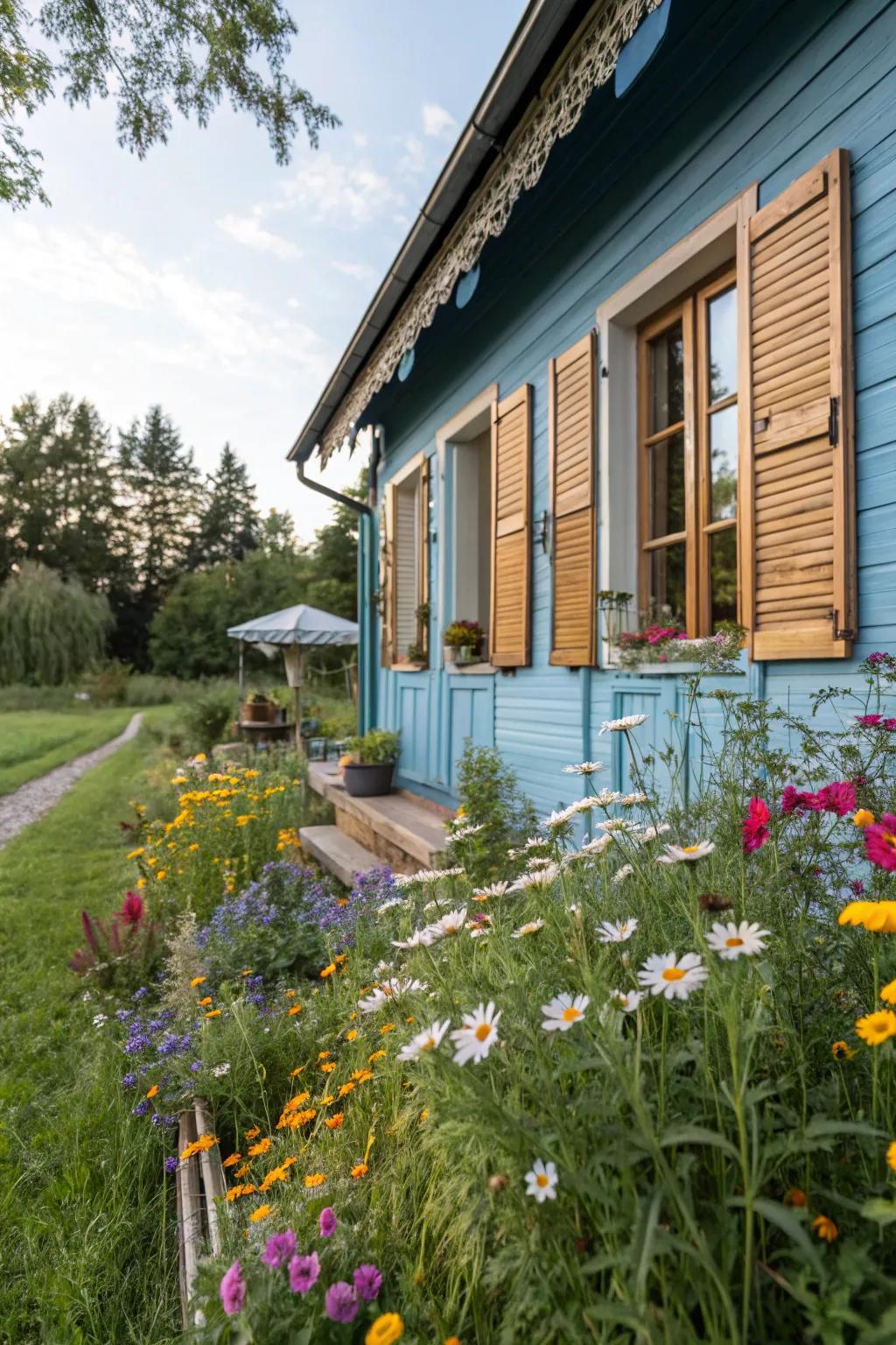 Wood window accents enhance the rustic charm of blue homes.