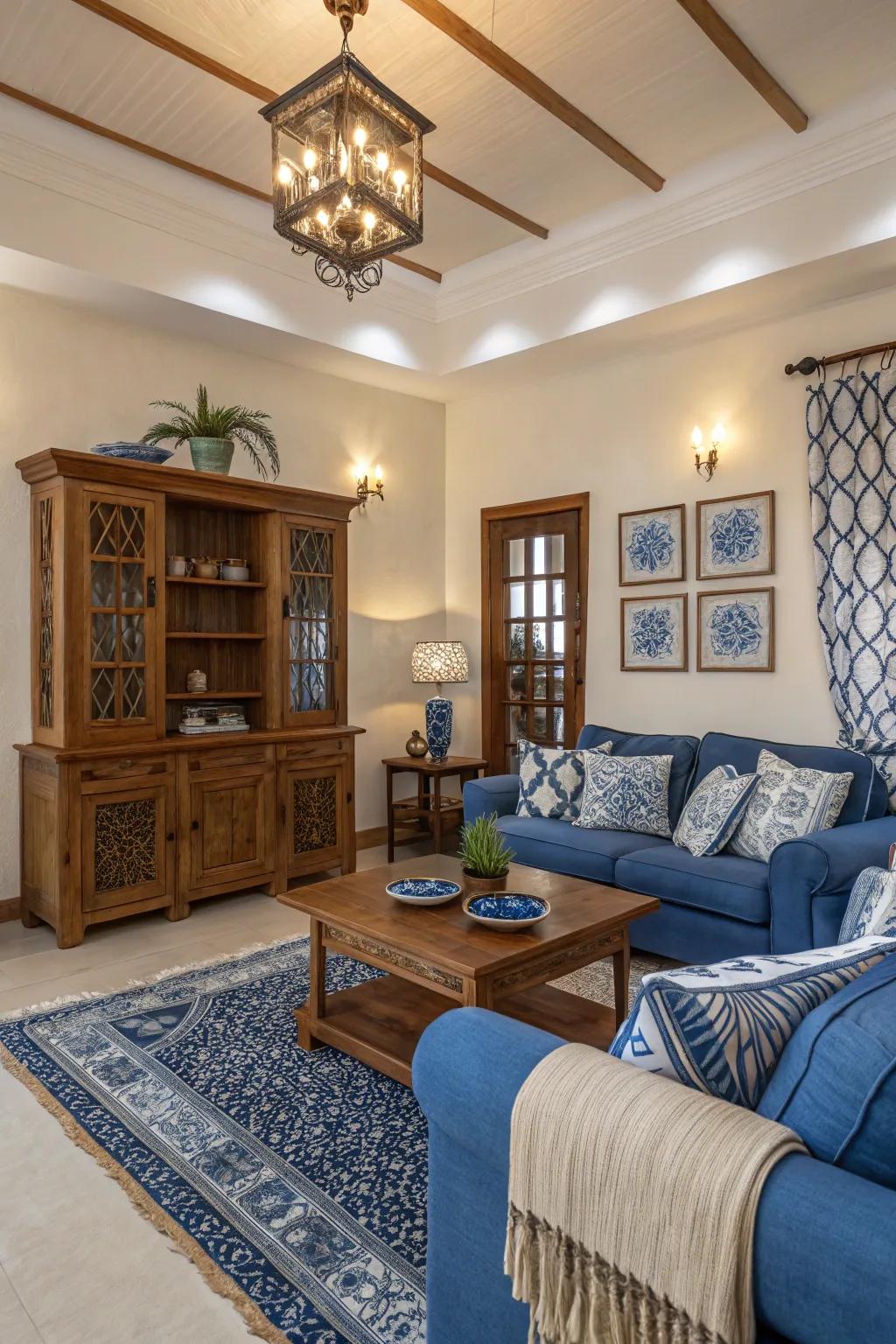 Warm wood nuances enhance the cozy atmosphere of this blue-themed living room.