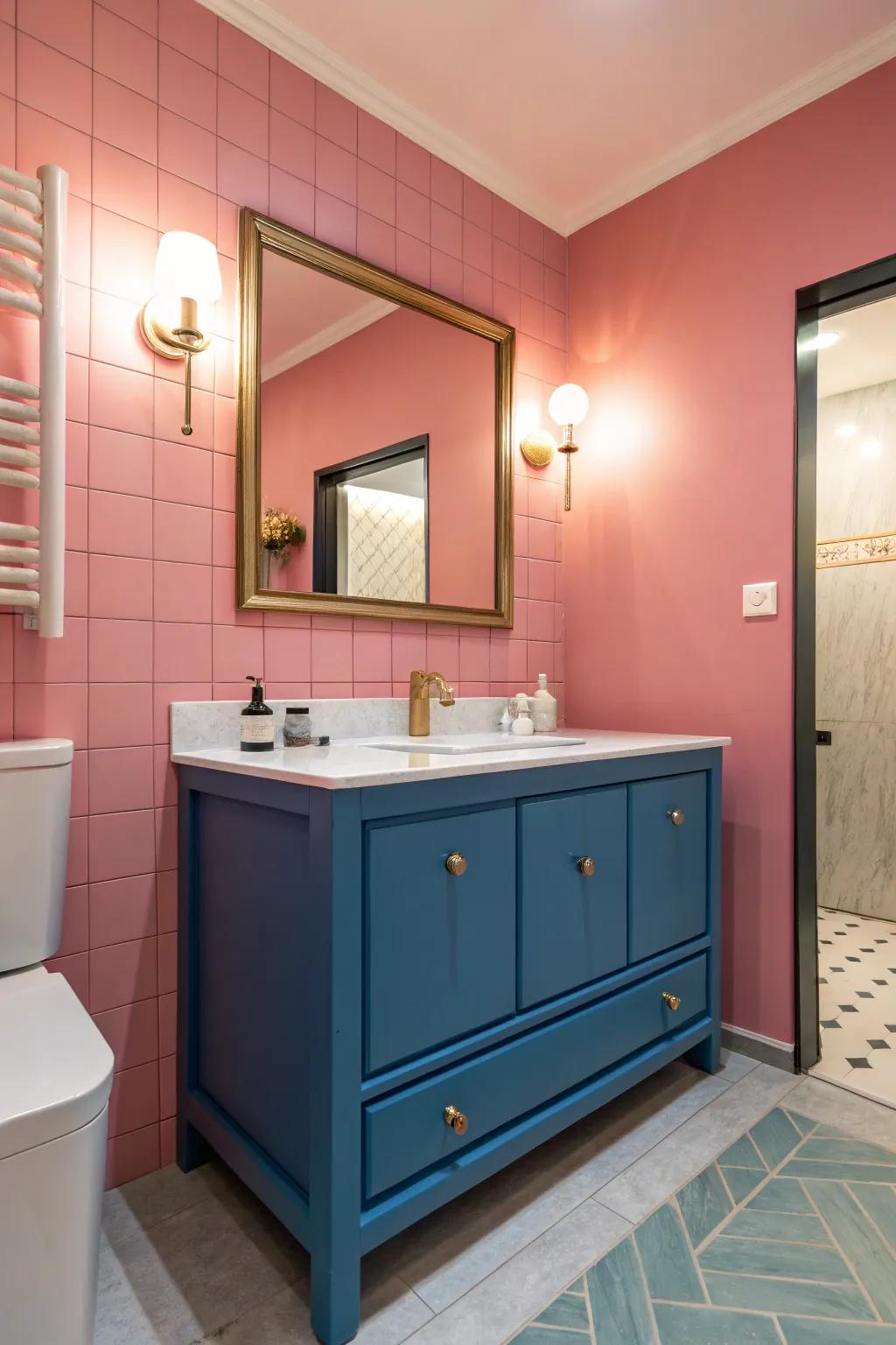 Unforeseen shade pairings bring a fresh and lively twist to a blue sink unit.