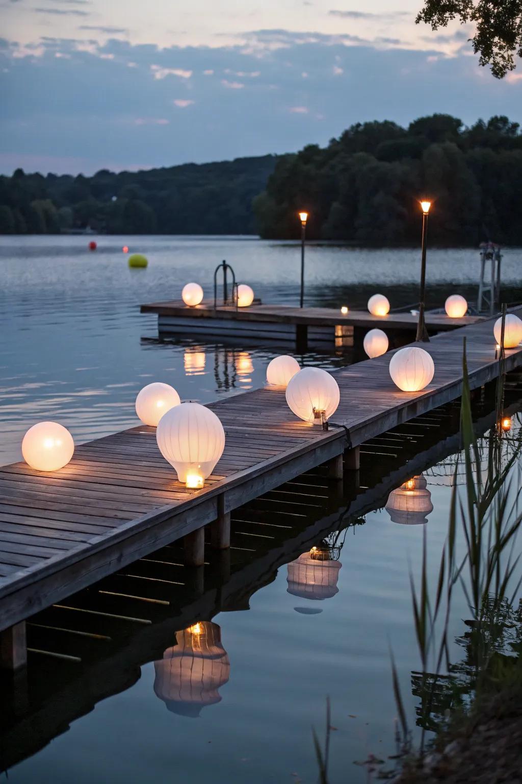 Floating lights add a touch of wonder to the dock.