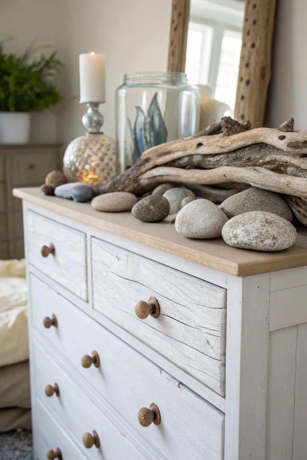 Natural elements like driftwood add an earthy touch to this boho dresser.