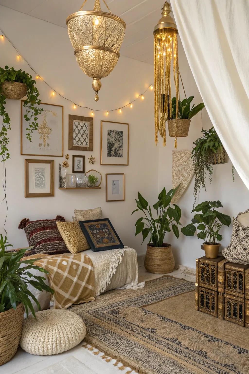 Gold accents add a sophisticated touch to bohemian decor.