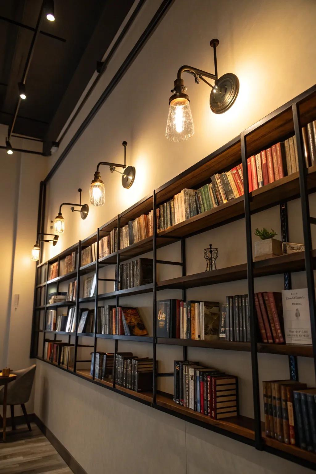 Tiered illumination enhances bookshelf walls.