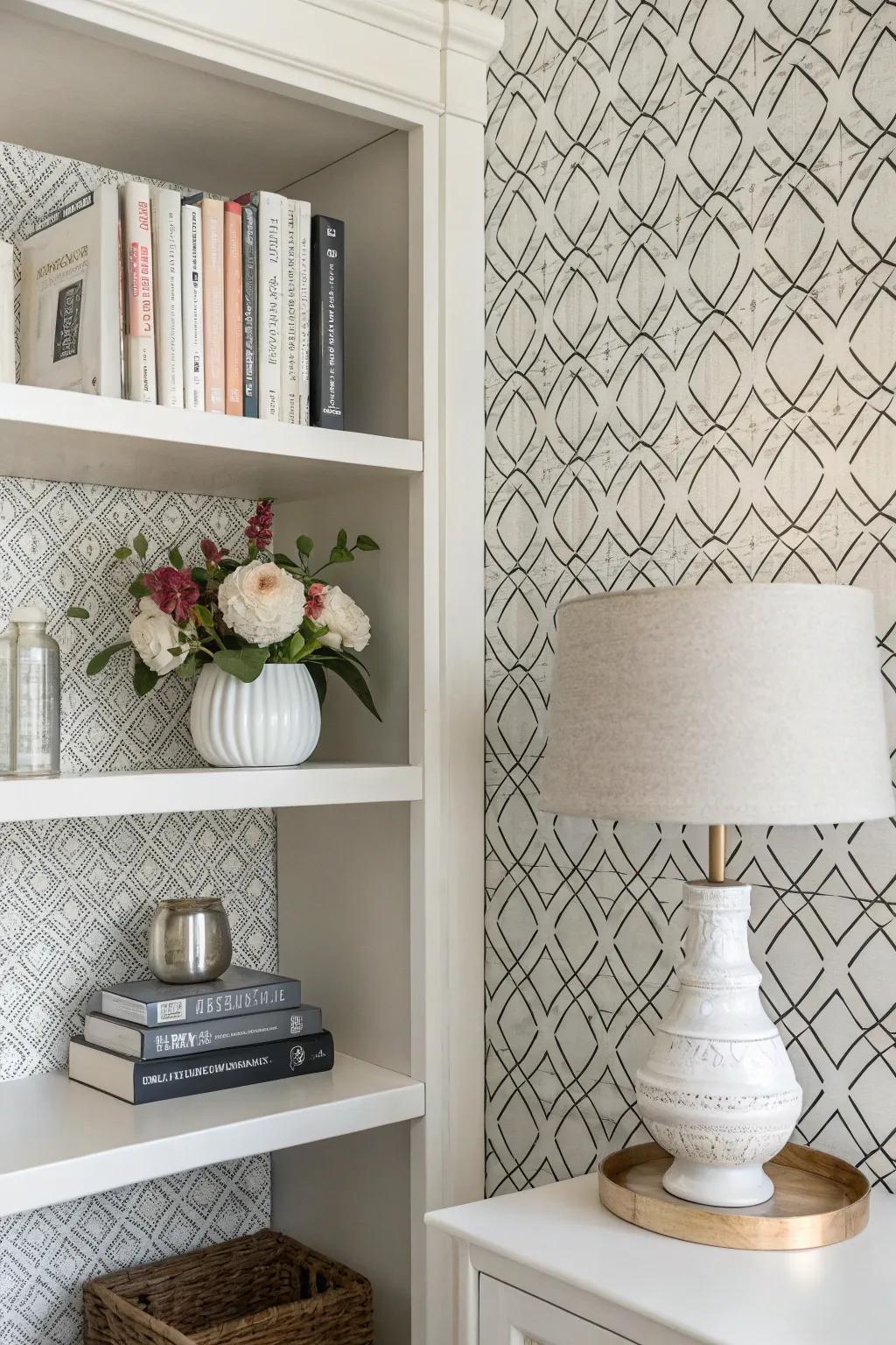 <strong>Bookshelf</strong> featuring monochrome pattern wallcovering for a neat, minimalist aesthetic.&rdquo; loading=&rdquo;lazy&rdquo; class=&rdquo;pimg&rdquo;>
	</picture><figcaption><strong>Bookshelf</strong> featuring monochrome pattern wallcovering for a neat, minimalist aesthetic.</figcaption></figure>
<p>Monochrome patterns can establish a neat and minimalist aesthetic. I utilized a simple black line design against a white backdrop, and it delivered understated sophistication.</p>
<h3>These products might help:</h3>
<ul class=