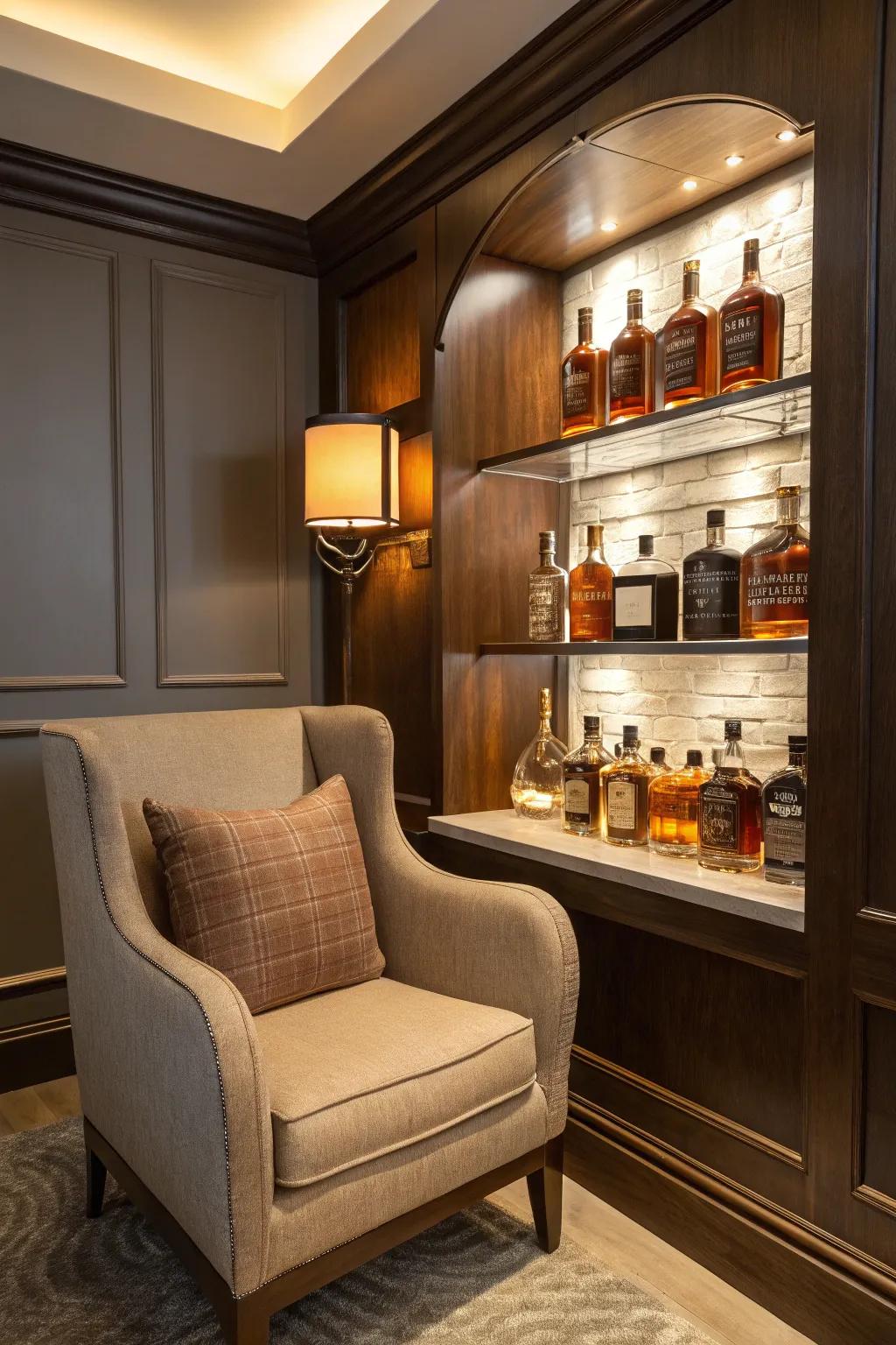 A corner display transforms into a cozy bourbon spot.