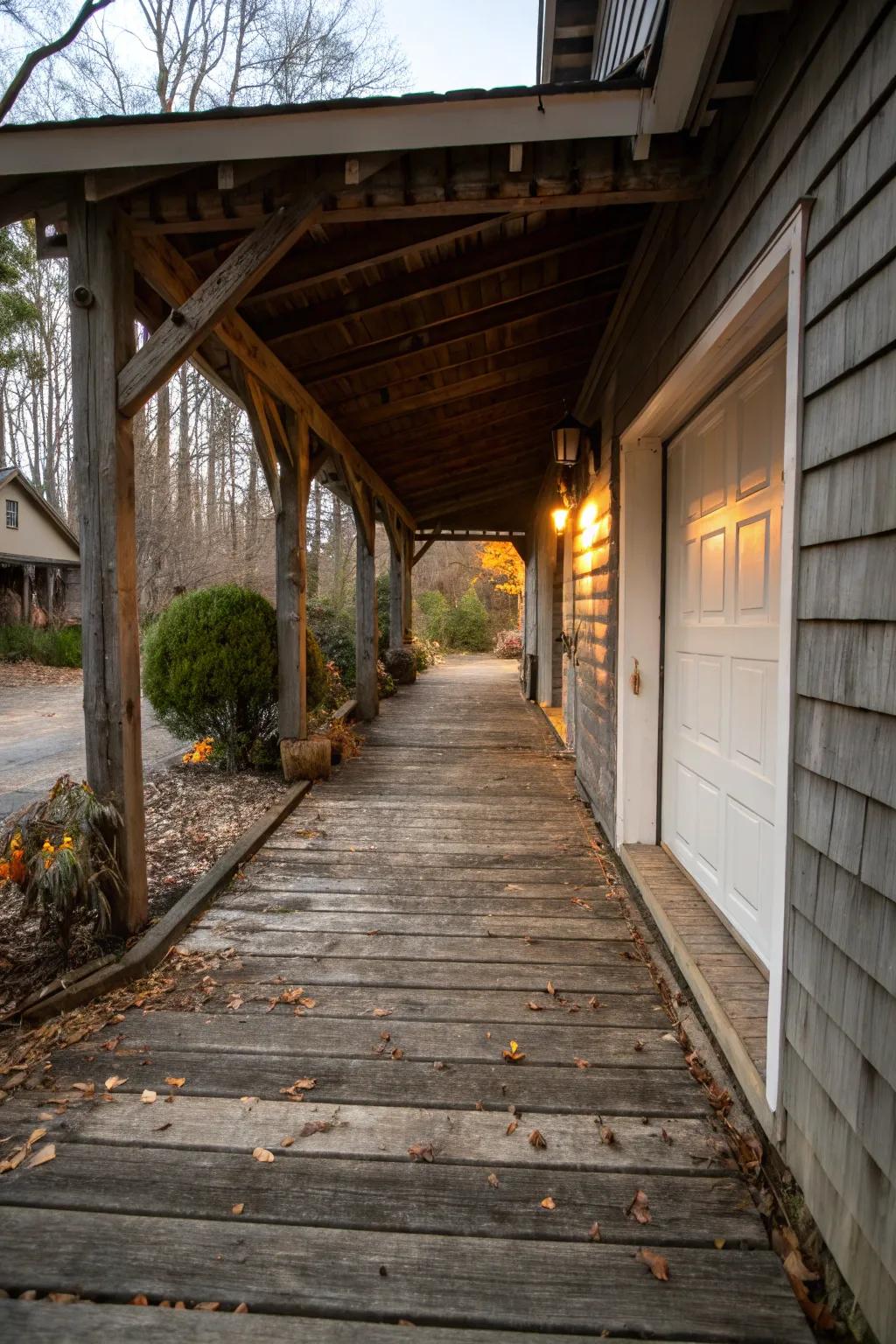 A weathered wood walkway breezeway that exudes rustic charm and character.