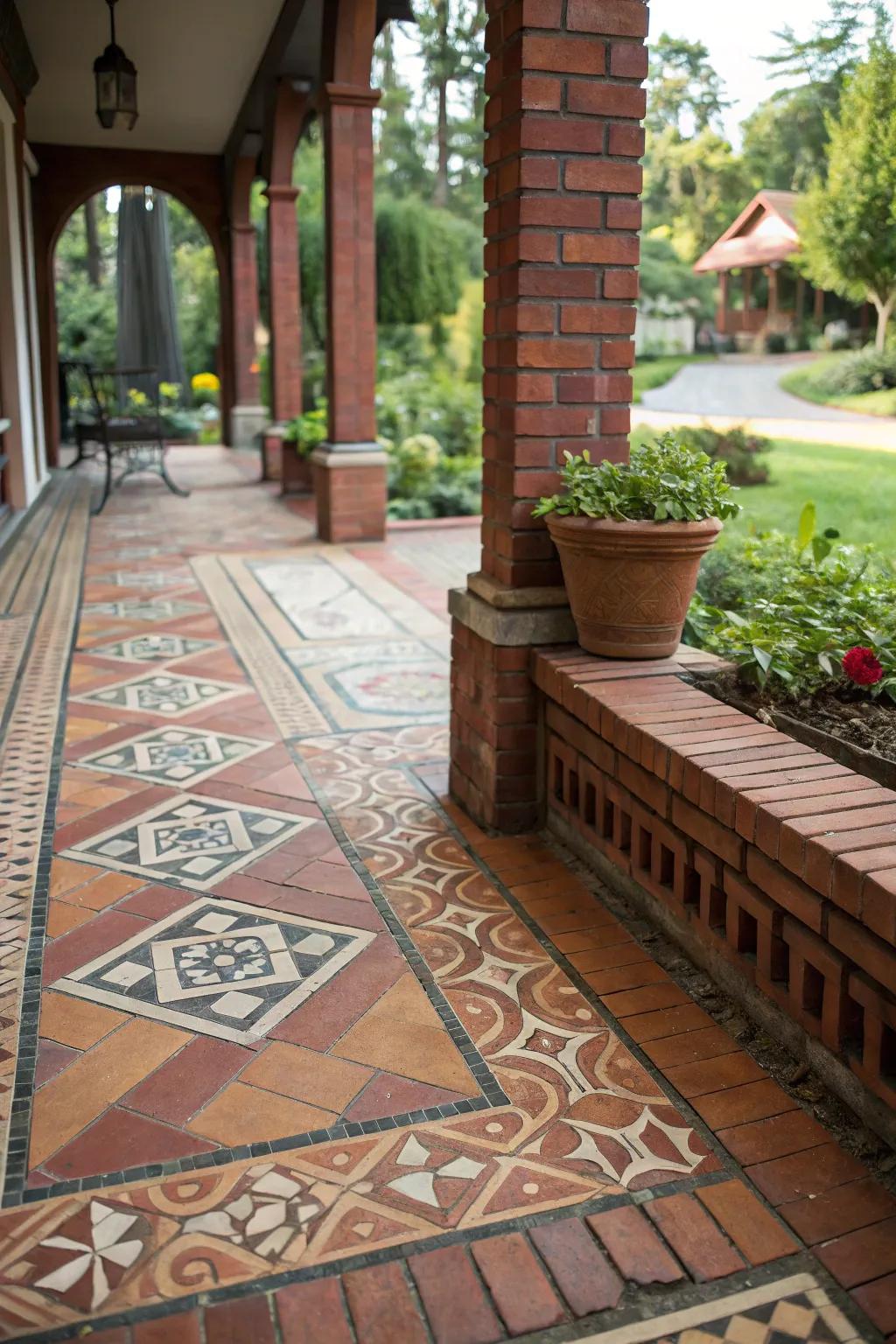 Embedded tiles add unique and artistic embellishments to stone patio designs.