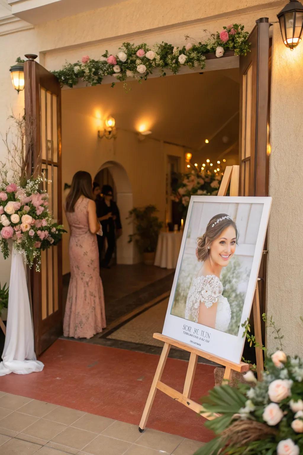 A stunning image of the bride on a stand welcomes guests through elegance and warmth.
