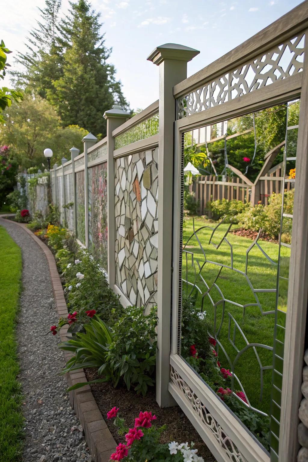 Mosaic on a fence for outdoor charm.