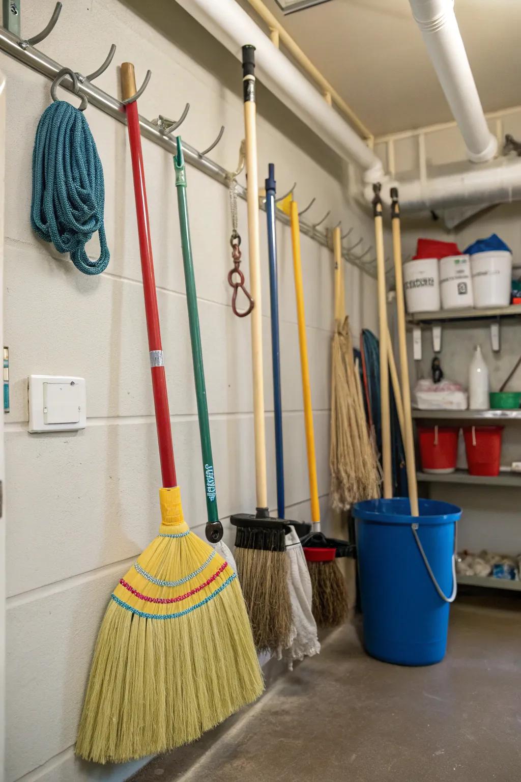 Ceiling clips offer a unique way to keep cleaning implements.