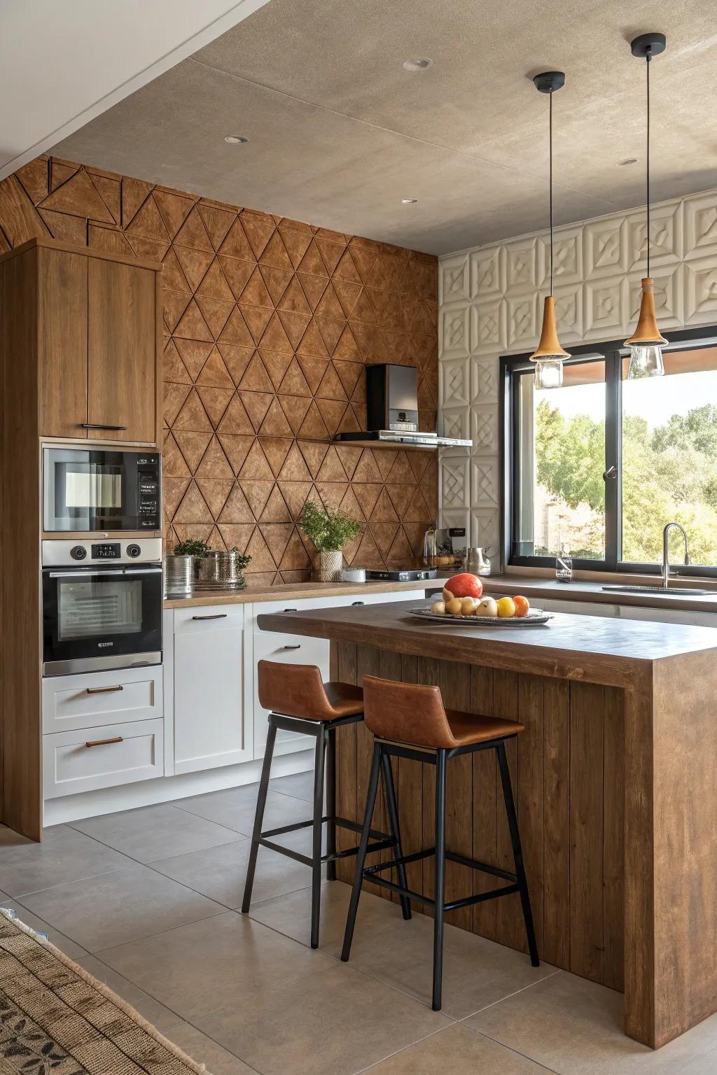 Textured wall boards in sienna provide an elegant kitchen backdrop.