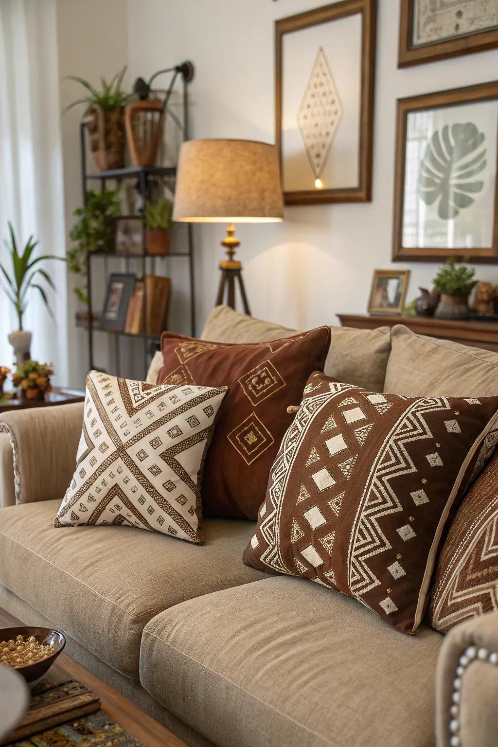 Designs in brown tones inject energy and interest into the decor.