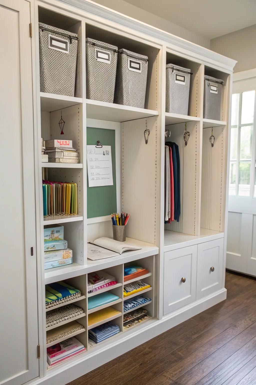 Office products stored neatly in custom storage units.