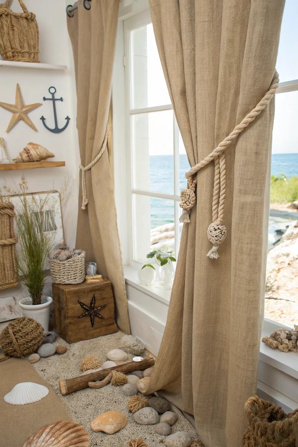 Coastal vibes with sea accents on material drapes.