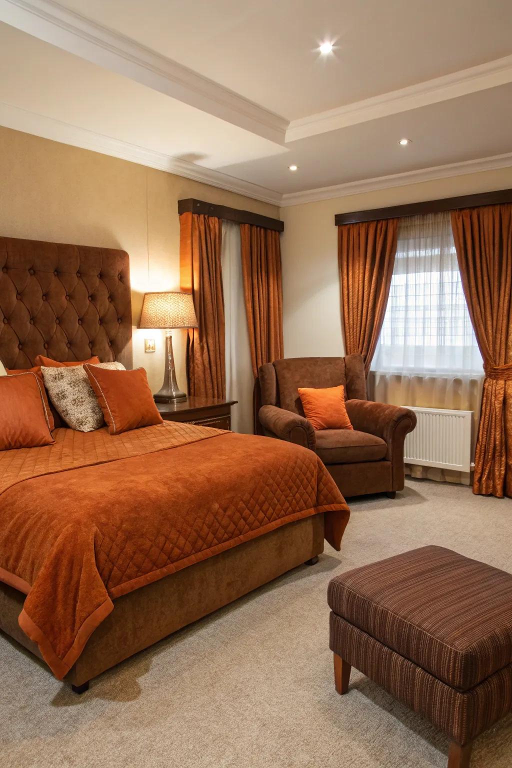 Chocolate upholstered furnishings offer a traditional foundation.