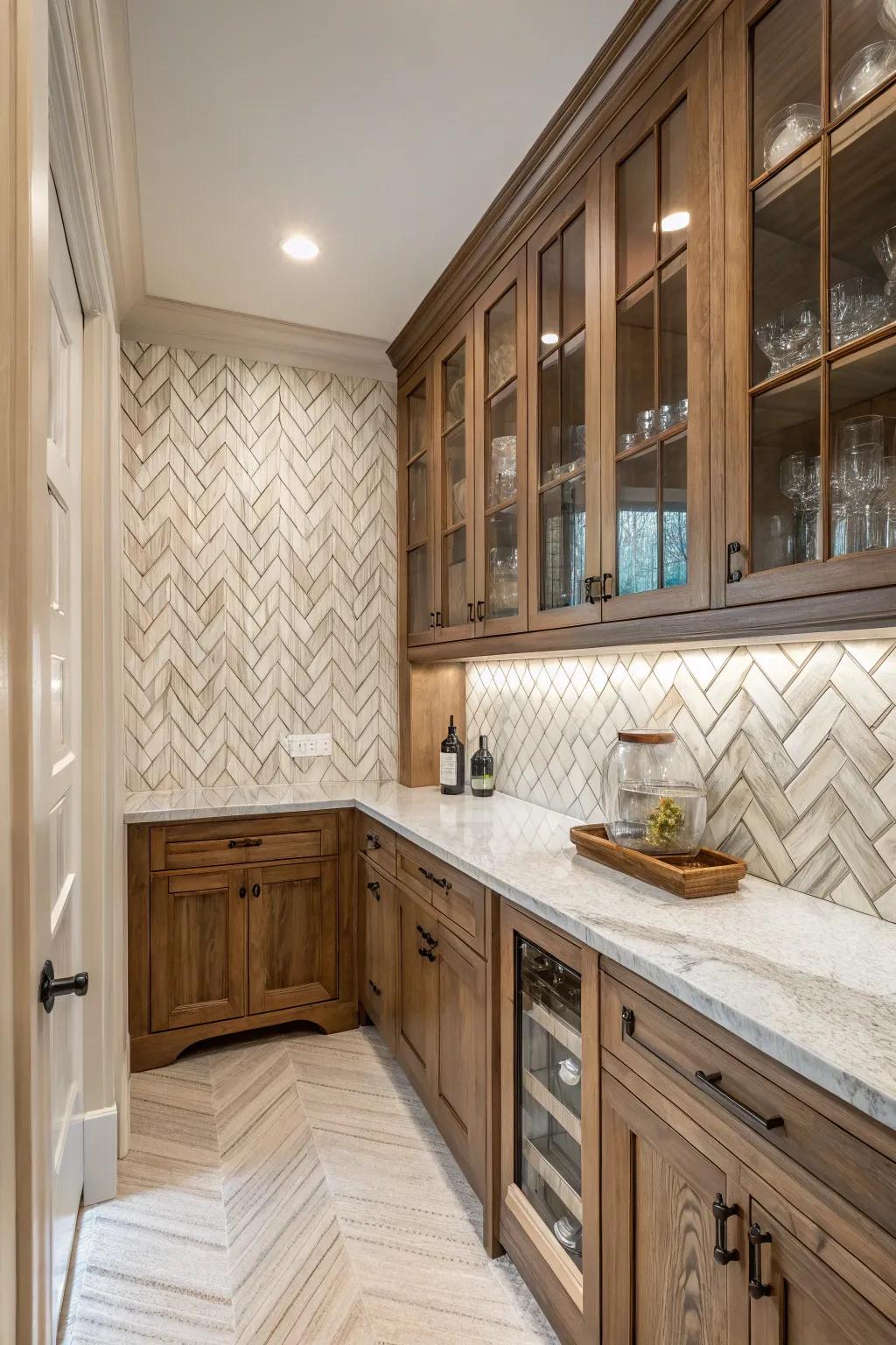 An elegant butler's pantry with a textured herringbone backsplash, adding depth and character.