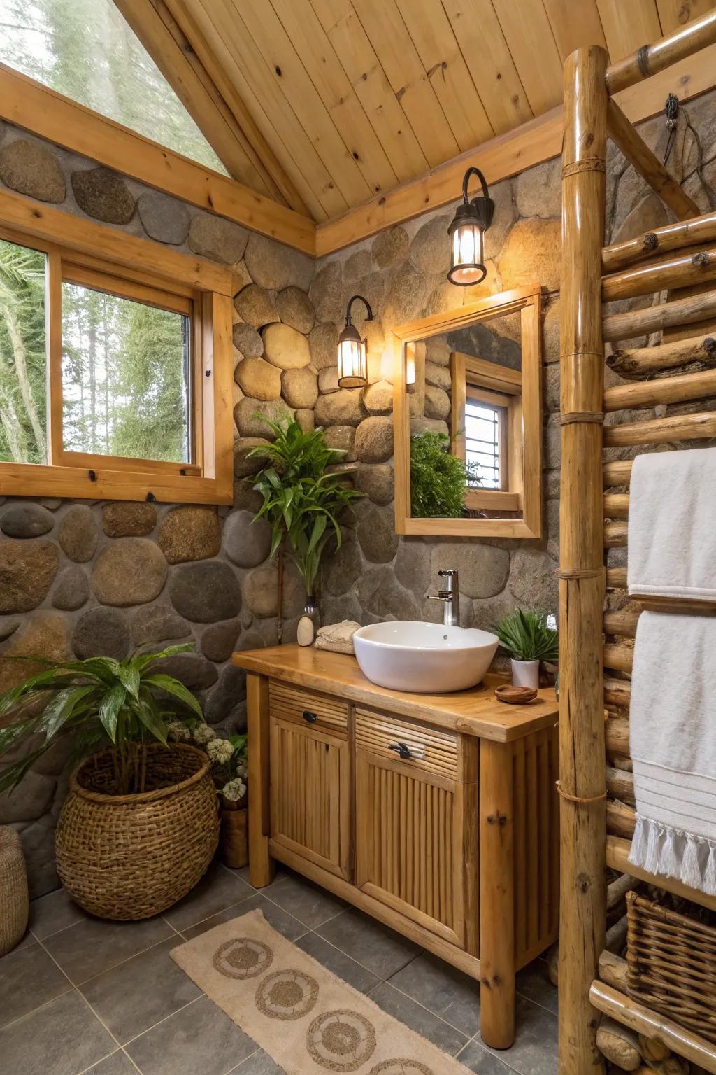 A cabin bathroom with sustainable bamboo features for an organic nuance.