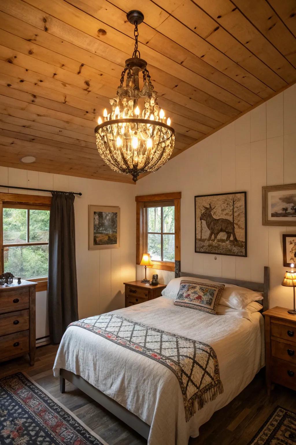 A cabin bedroom is adorned with a vintage chandelier and unique art.