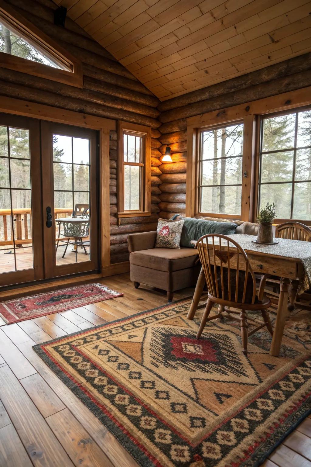 Layered ground covers bringing texture and warmth to the cabin floor.