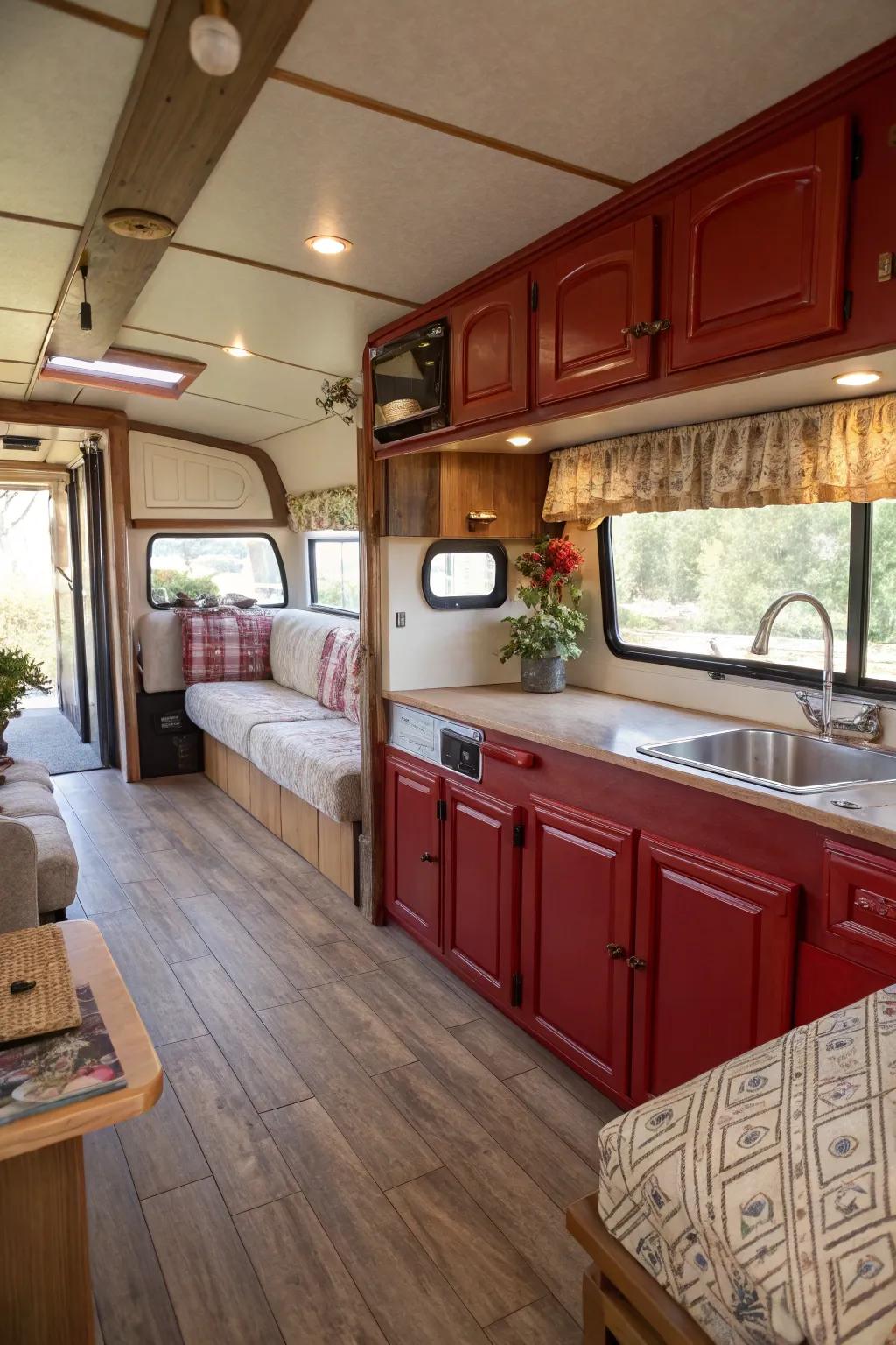 Farmhouse scarlet cabinets add rustic charm.