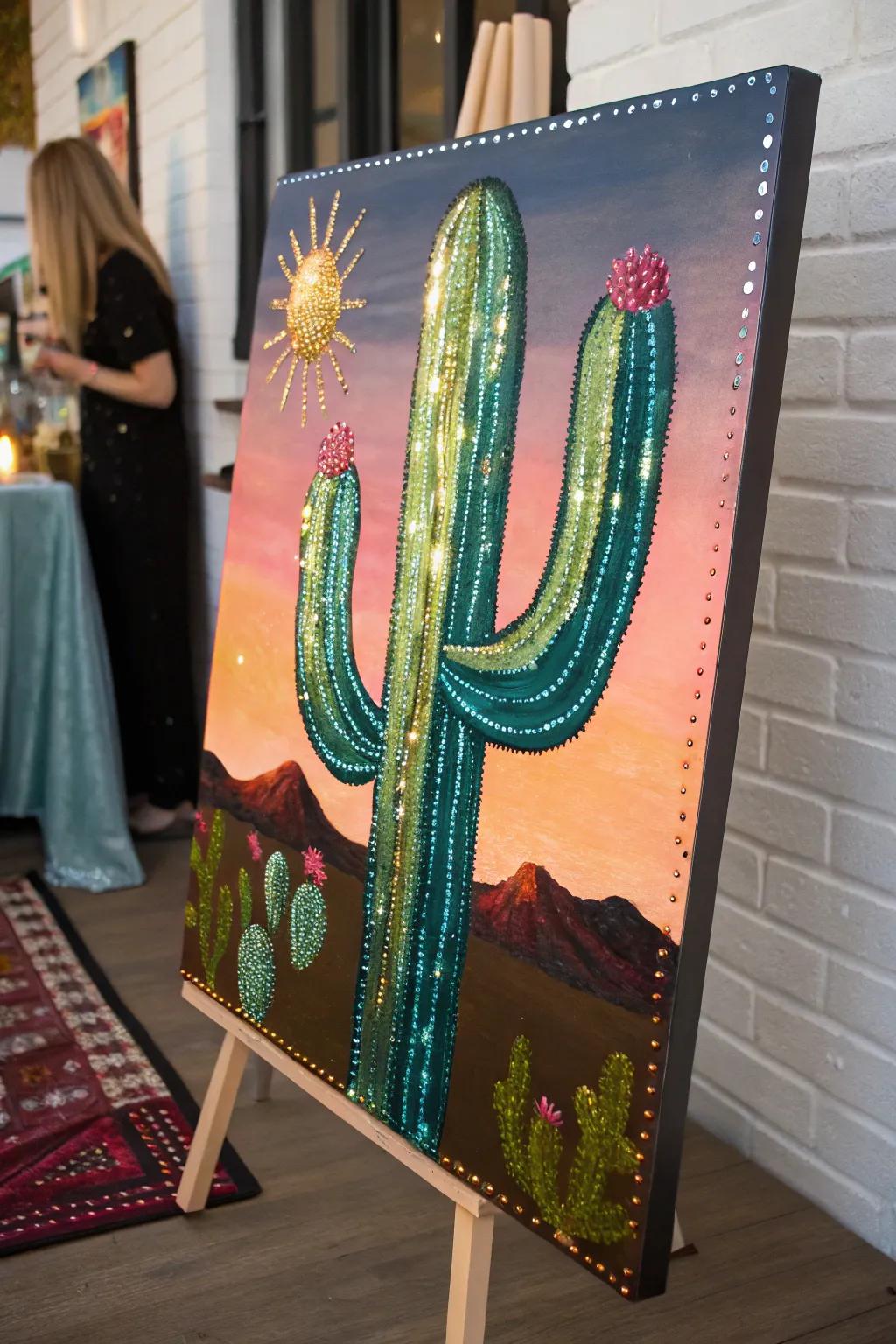 A cactus artwork featuring elegant metallic details.