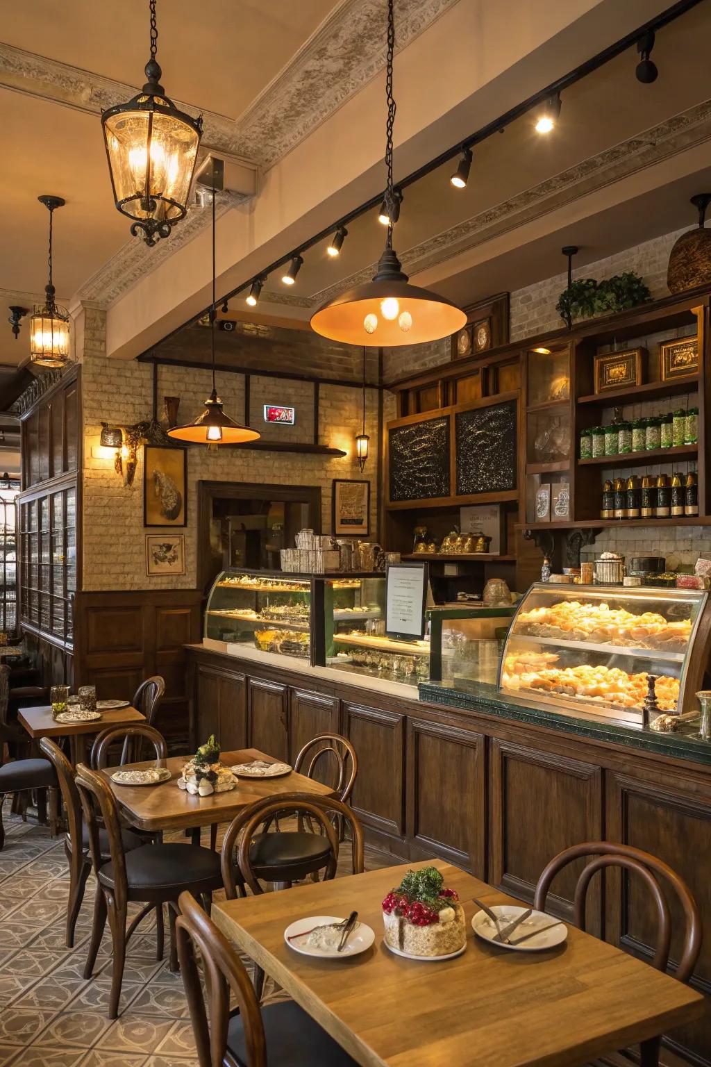 A café interior showcasing a well-balanced organized light system.