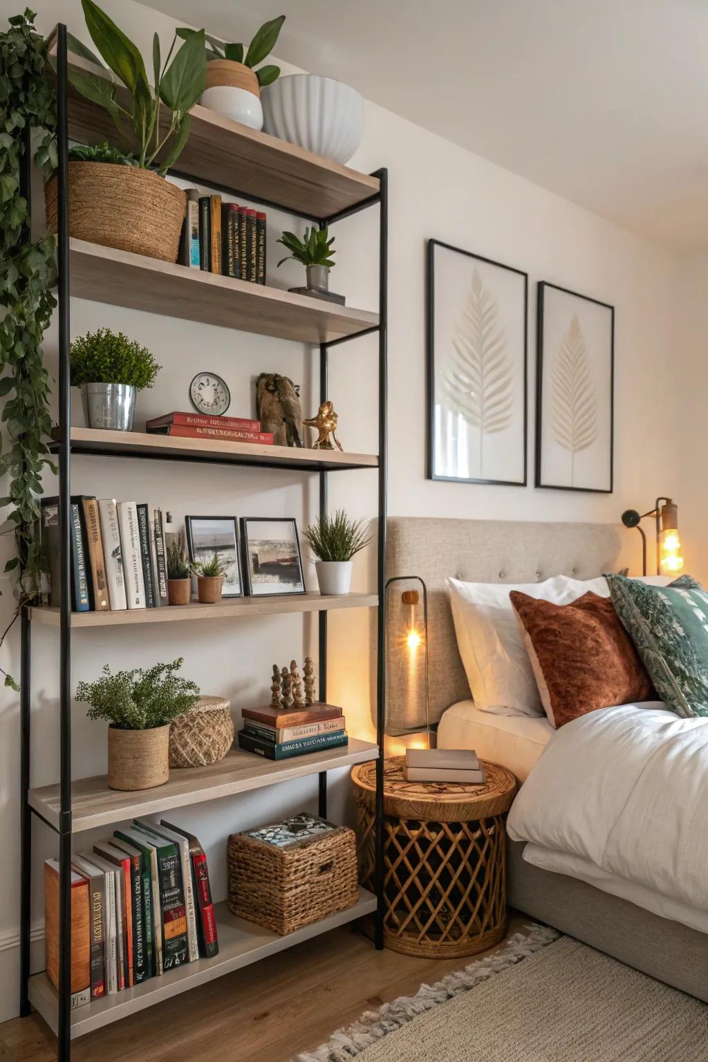 Bedroom featuring open shelving with handpicked decor items for display.