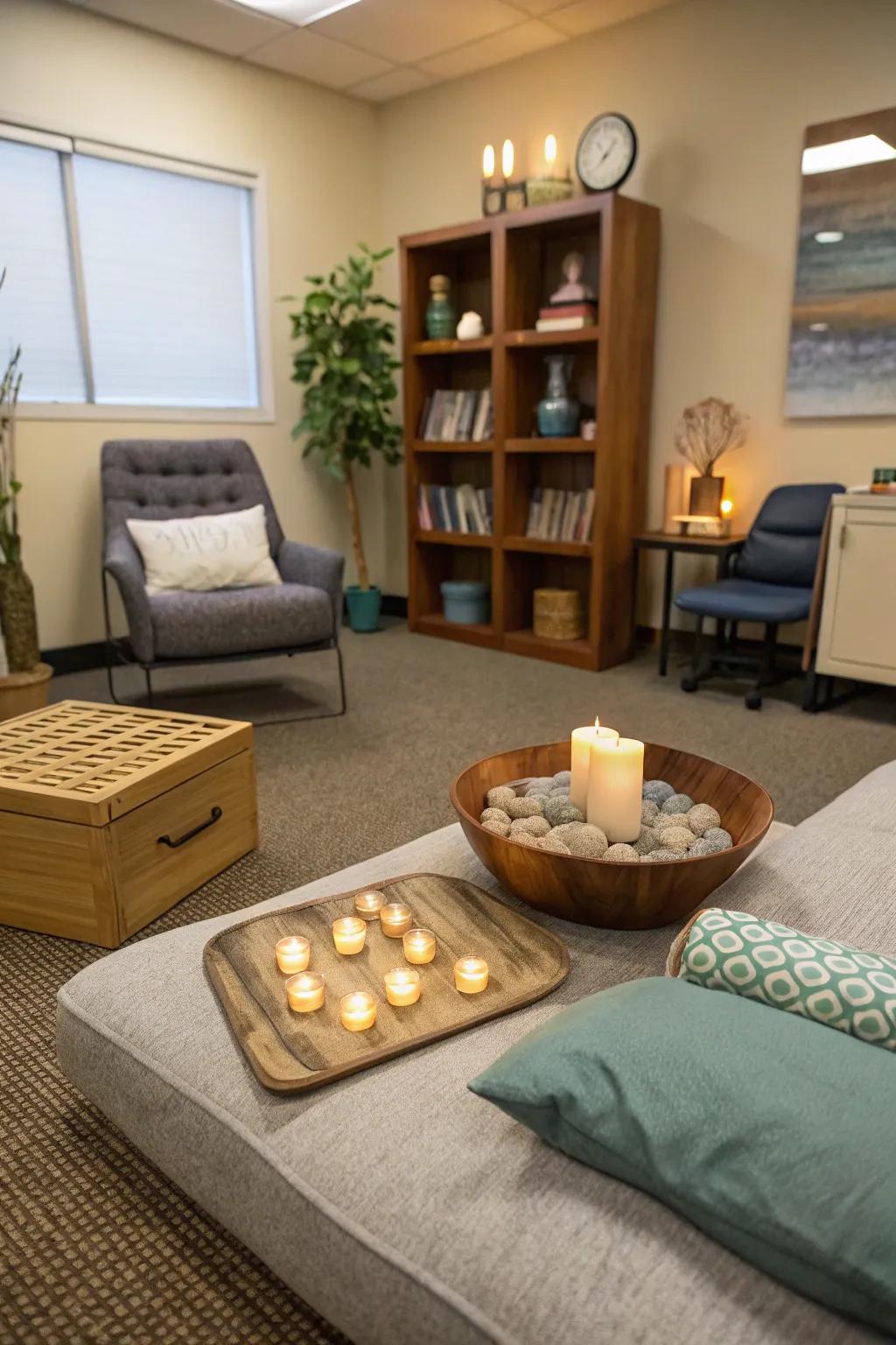 A mindfulness nook helps clients center themselves.