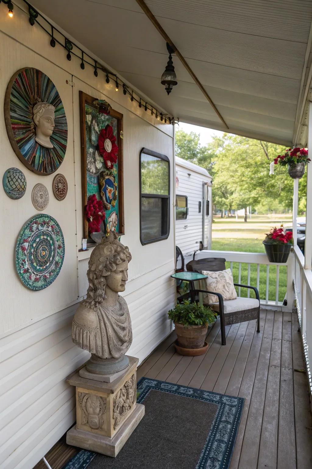 Artistic decor beautifully personalizes a camper porch.