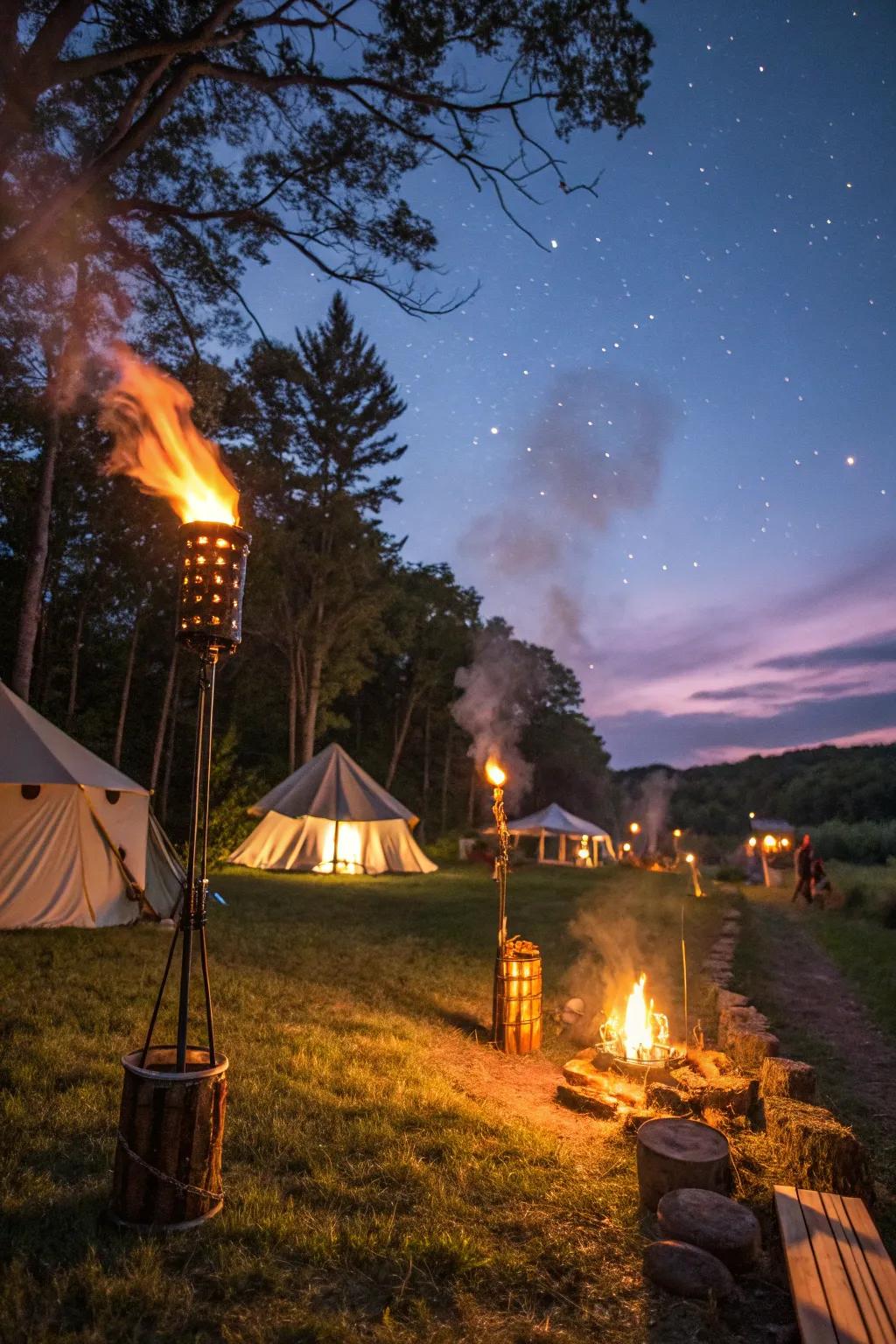 Create a festive atmosphere with tiki torches at your campsite.