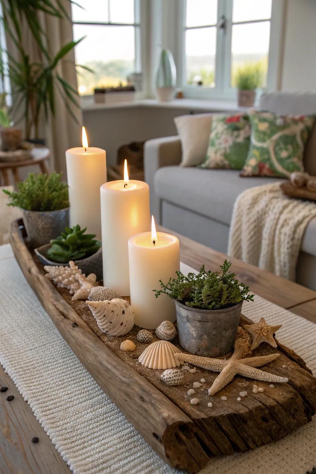 Lights and driftwood bring a coastal sensation to your d&eacute;cor.