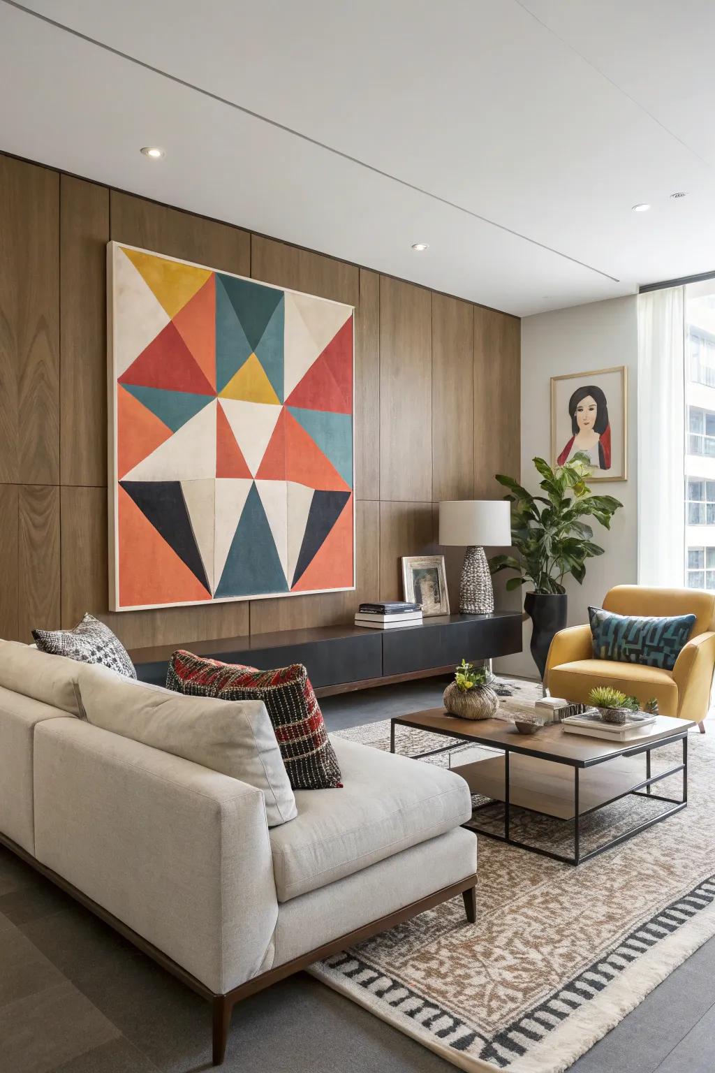 Geometric artworks enhance a modern structure.