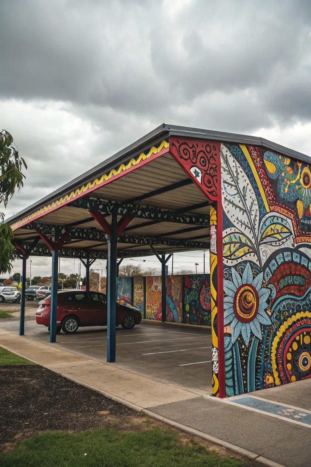 A carport showcasing artistic designs, transforming a functional structure into an artistic masterpiece.