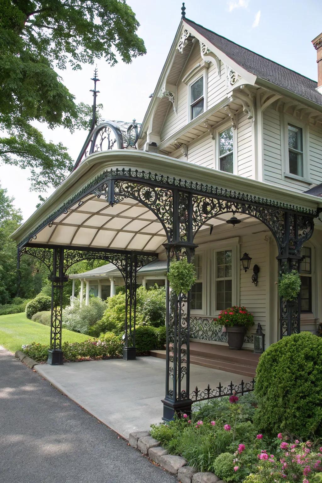 A Victorian-style carport exuding old-world glamour.